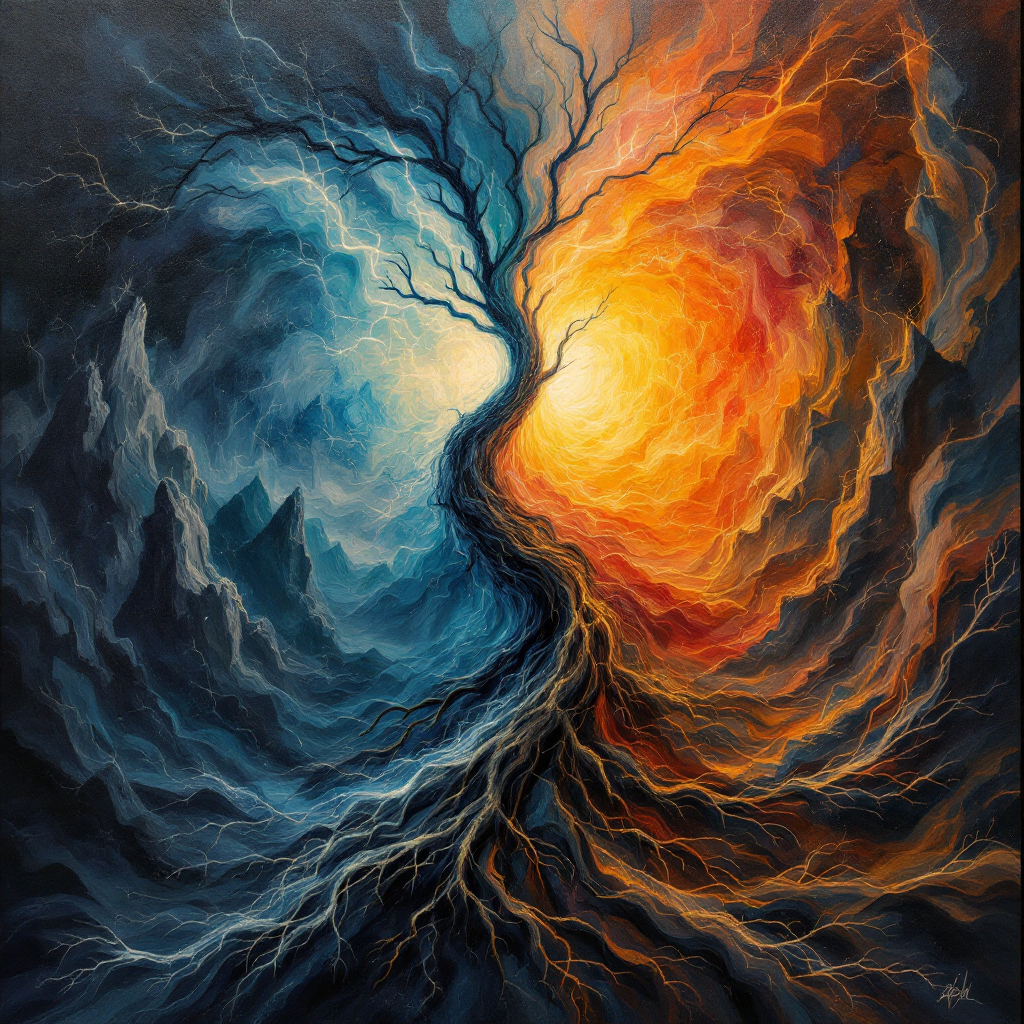 A striking painting contrasts dark, turbulent blues on one side with warm, fiery oranges on the other, symbolizing the cruel outside world versus the warmth of companionship within.