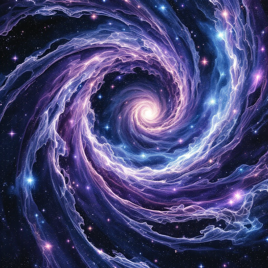 A swirling galaxy filled with vibrant shades of purple and blue, set against a backdrop of stars, reflecting the vastness of the universe and its endless mysteries.