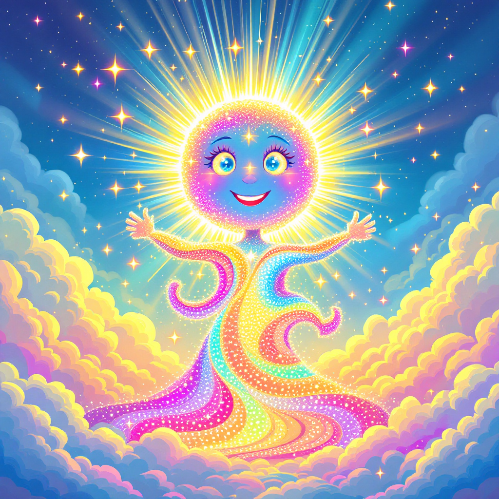 A radiant figure emerges from colorful clouds, embodying hope and dreams, with a joyful expression and a glowing halo, surrounded by sparkling stars and vibrant hues.