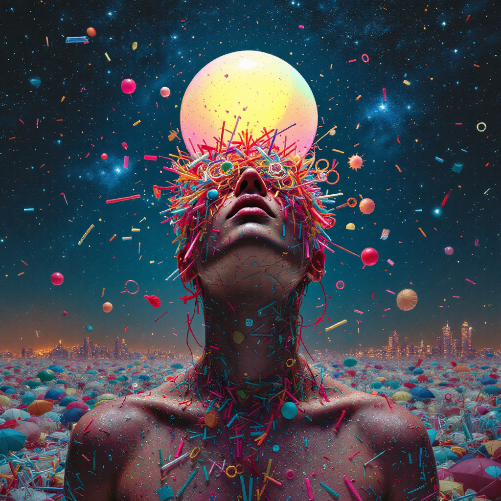 A figure gazes upward with vibrant, colorful particles surrounding their head, as a glowing orb hovers above, symbolizing the stardust within us amidst earthly distractions.