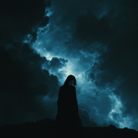 A figure stands alone against a backdrop of swirling dark clouds and ethereal blue light, embodying the complexity of fear and uncertainty.