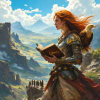 A warrior woman stands with an open book titled Liberty, gazing over a vast landscape. Her eagle companion perches nearby, embodying the quote about defending freedom daily.