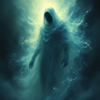 A ghostly figure cloaked in swirling mist and illuminated by ethereal light, embodying a sense of otherworldliness and the notion of being beyond perception.