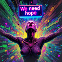 A vibrant, digital artwork features a figure with outstretched arms, illuminated by colorful light. Above, the phrase We need hope emphasizes the theme of endurance and resilience.