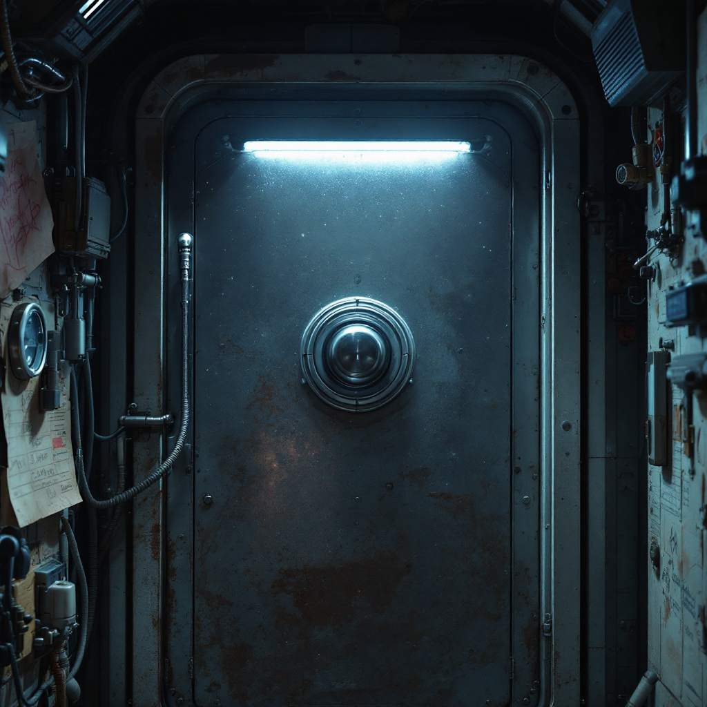 A metallic spaceship door glows under a fluorescent light, surrounded by various control panels and wires, evoking a sense of isolation and mystery in deep space.