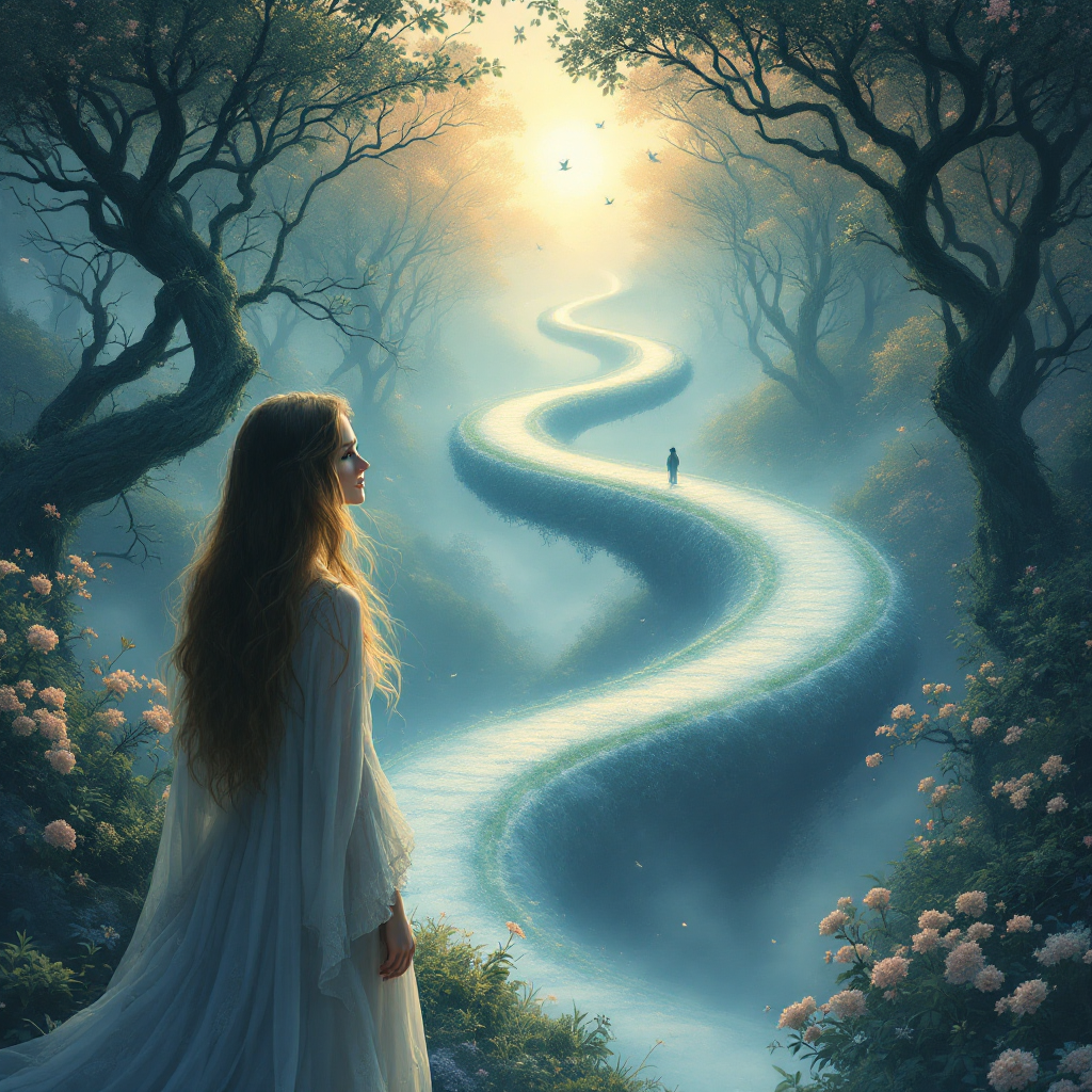 A serene figure in a flowing gown gazes at a winding path through a mystical forest, illuminated by soft light, embodying the quote about reality's twists and hidden truths.