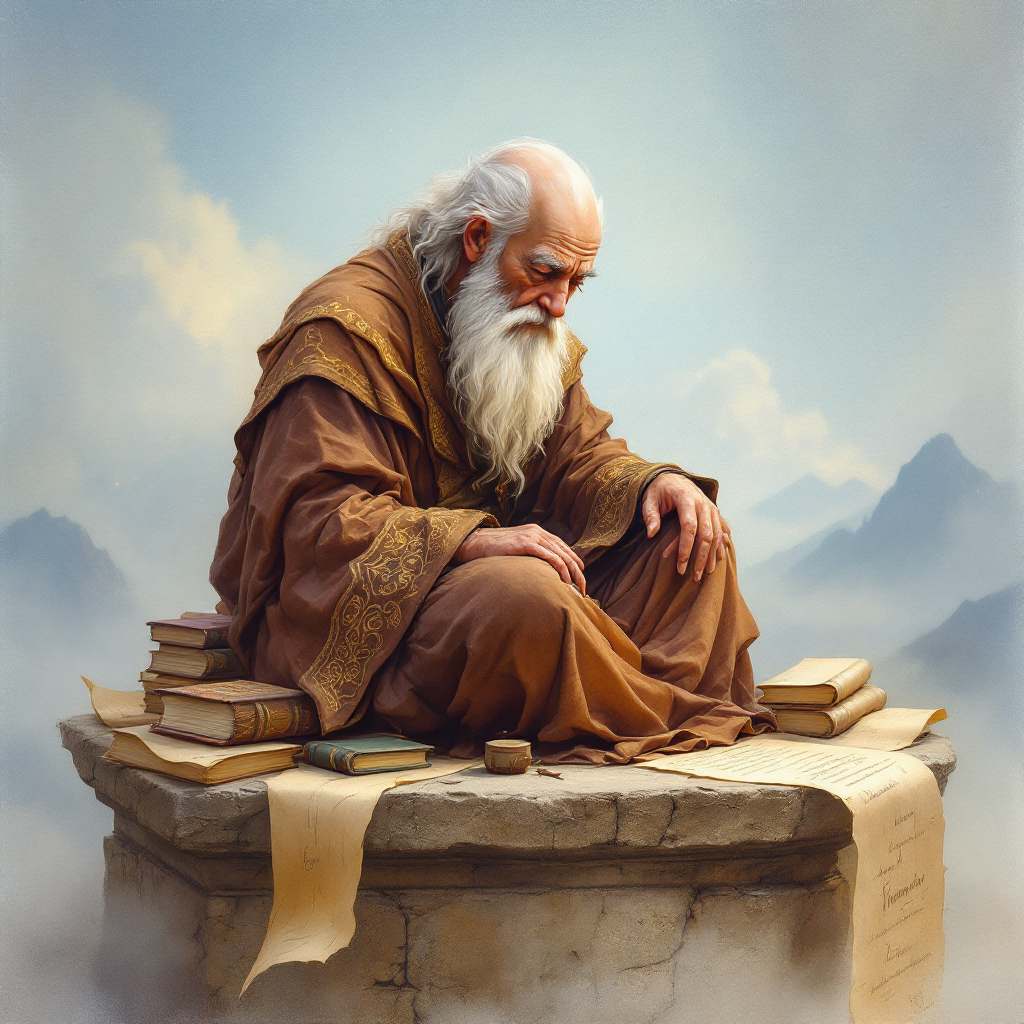 An elderly sage sits contemplatively on a stone pedestal surrounded by books and scrolls, embodying the idea of learning from the past to understand the future. Misty mountains rise in the background.