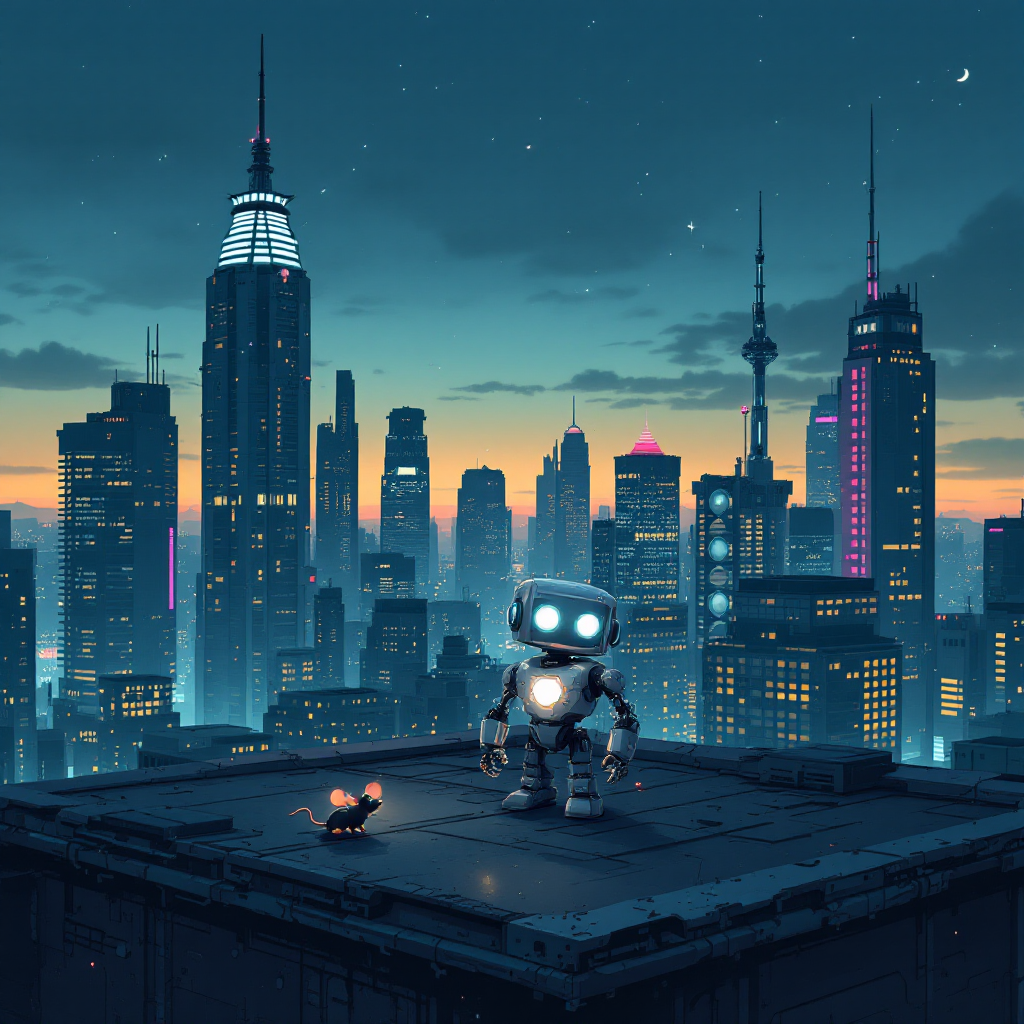 A small robot with glowing eyes stands on a rooftop, overlooking a vibrant skyline at dusk, embodying the quote about the lives of electrical beings amidst a bustling city.