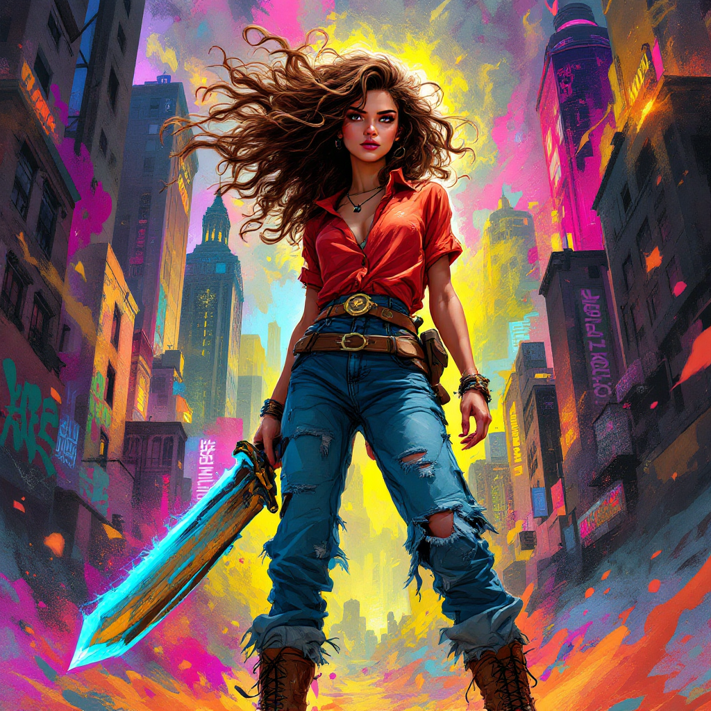 A determined young woman stands confidently in a vibrant, chaotic cityscape, wielding a glowing sword as a symbol of hope and strength, embodying the quote about fighting for good in the world.