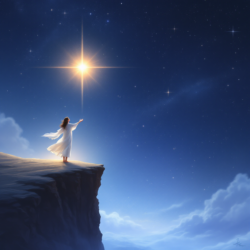 A figure in a flowing white dress stands on the edge of a cliff, reaching toward a radiant star in a deep blue sky filled with twinkling stars, embodying a sense of purpose and connection.