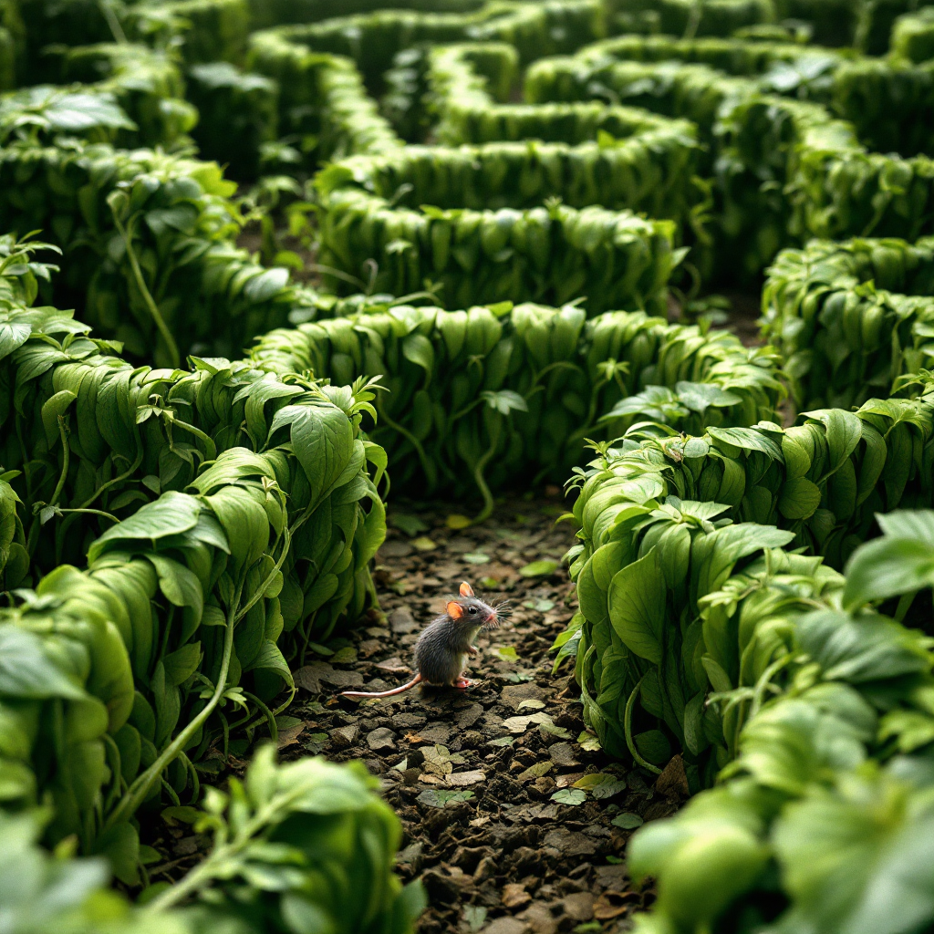 A small mouse navigates a lush green maze formed by intertwining vines, embodying the idea of freedom within constraints, as illustrated by the quote about a rat in a maze.