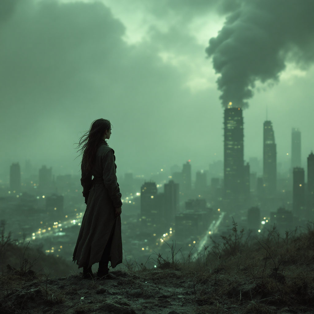 A figure in a long coat stands atop a hill, gazing over a foggy, polluted cityscape, embodying the haunting complexity of power as a cruel mistress.