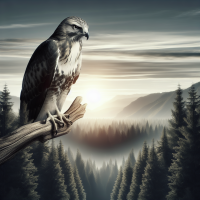 A vigilant hawk perches on a branch, overlooking a misty forest with a mountainous backdrop at sunrise.