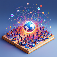 An open book features a vibrant scene with diverse people connecting around a glowing globe, symbolizing the Internet's role in building connections and sharing ideas.