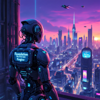 A futuristic city skyline at dusk, with a robot standing on a balcony, displaying the quote Foundation: The First Law is Forgive on its back, overlooking glowing buildings and flying vehicles.