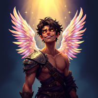 A young man with colorful wings stands confidently under a radiant light, embodying the duality of being both an ideal and a fallen angel, reflecting the sentiment of the quote.