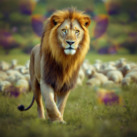 A confident lion walks through a field of sheep, embodying the quote, A lion does not concern himself with the opinion of sheep, showcasing strength amidst vulnerability.