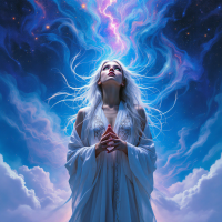 A serene figure in flowing white gazes upward, surrounded by a celestial swirl of vibrant colors and stars, embodying the theme of conquering fear and embracing the mind's potential.