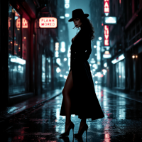 A silhouette of a woman in a long coat and hat stands confidently in a neon-lit, rain-soaked alley, embodying the quote about standing out and being true to oneself.