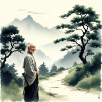 An elderly man stands on a winding path in a serene landscape, surrounded by mountains and trees, embodying the idea of personal transformation before changing the world.