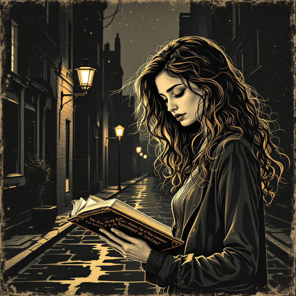 A young woman with wavy hair stands in a dimly lit, deserted street, deeply absorbed in a book, embodying the quote about love enduring even through pain.