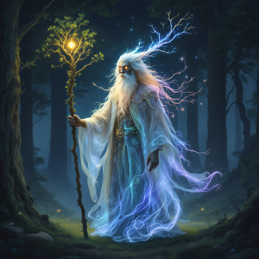 A mystical figure with flowing white hair and an ethereal robe stands in a dark, enchanted forest, holding a glowing staff that emits vibrant energy and light.