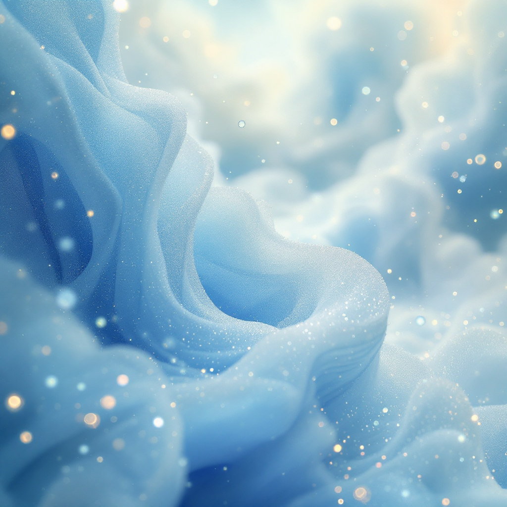 A swirling, ethereal scene of soft blue fabric-like textures, complemented by twinkling golden particles, evokes a sense of wonder and the power of words to shape our realities.