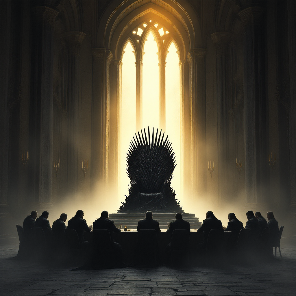 A dimly lit hall features the Iron Throne illuminated by sunlight streaming through tall windows, surrounded by shadowy figures seated at a long table, embodying the intense competition of power.