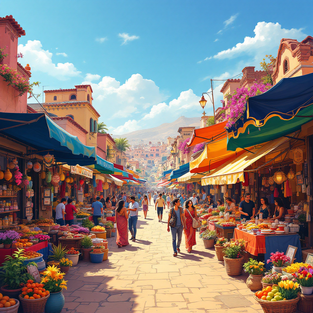 A vibrant market scene filled with colorful stalls and flowers, bustling with people under a clear blue sky, capturing the essence of a place that must be experienced to be truly understood.