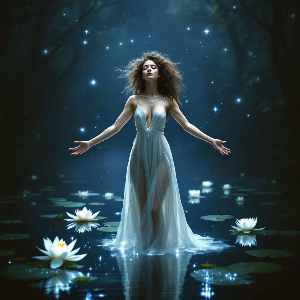 A woman in a flowing white dress stands in a serene, moonlit pond, surrounded by glowing lilies and soft lights, embodying a sense of tranquility and self-expression.