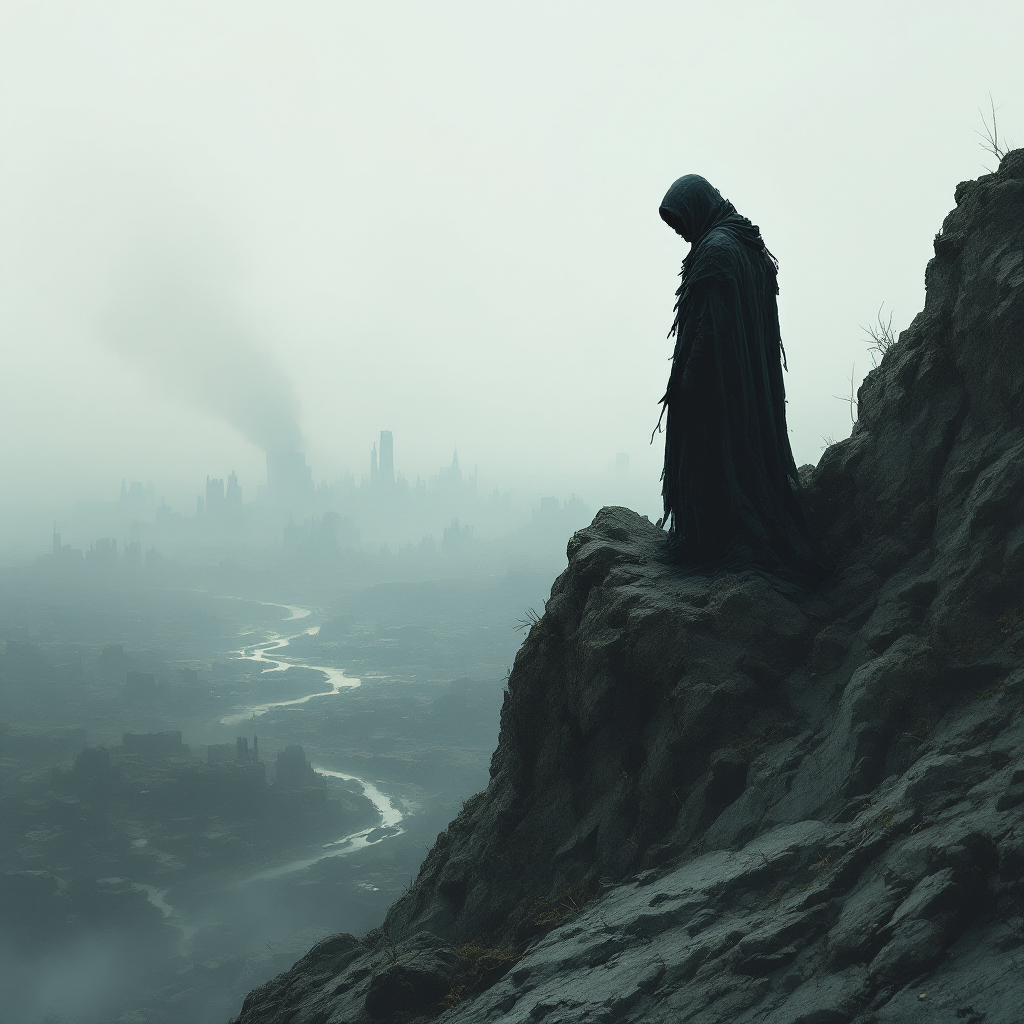 A solitary figure in a dark cloak stands on a rocky ledge, overlooking a bleak, smoky landscape, reflecting the quote: Survival is never guaranteed; it’s a privilege and a consequence.