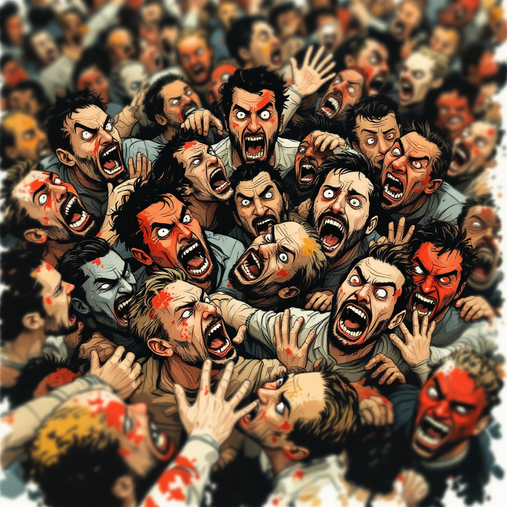 A chaotic scene of numerous shouting faces, expressing intense emotions and struggle, embodies the quote about survival as people push against each other in a dance of survival.