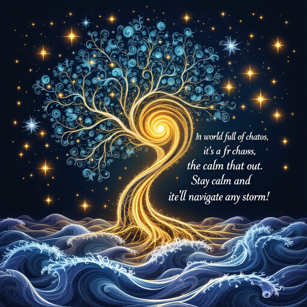 A luminous tree spirals from turbulent waves, surrounded by stars, embodying calm amidst chaos, with an inspiring quote about navigating life's storms.