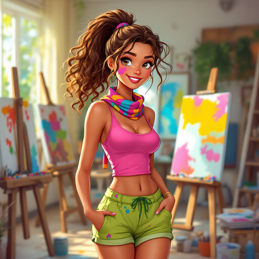 A cheerful young woman with curly hair and paint on her face stands in an art studio filled with colorful canvases, embodying the spirit of pursuing passions with a hint of selfishness.