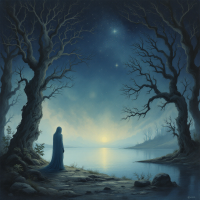 A figure in a blue cloak stands by a calm lake, surrounded by dark, leafless trees under a starlit sky, embodying the essence of echoes from past decisions.