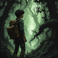 A young adventurer stands at the edge of a mysterious, dense forest, illuminated by soft green light, embodying the spirit of exploration and the call of the unknown.