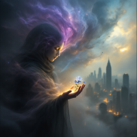 A mystical figure shrouded in smoke gazes thoughtfully at a glowing flower in their hands, symbolizing the duality of humanity's light and darkness against a city skyline.