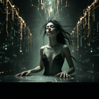 A woman with long, flowing hair sits before a glowing digital interface, embodying the tension of connection and isolation amid an ethereal, futuristic landscape.