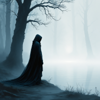 A figure in a dark cloak stands by a misty water's edge, surrounded by bare trees, evoking a sense of contemplation between life and death, reflecting on the profound quote about mortality.