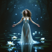 A woman in a flowing white dress stands in a serene, moonlit pond, surrounded by glowing lilies and soft lights, embodying a sense of tranquility and self-expression.