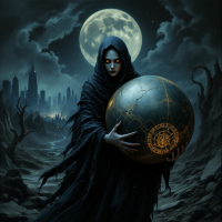 A cloaked figure with glowing eyes holds a large, intricate globe under a full moon, embodying the heavy burden of the world's weight amidst a desolate landscape.