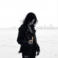 A figure stands alone on a desolate shoreline, holding a small flame against a foggy city skyline, embodying resilience and the struggle for identity amidst erasure.