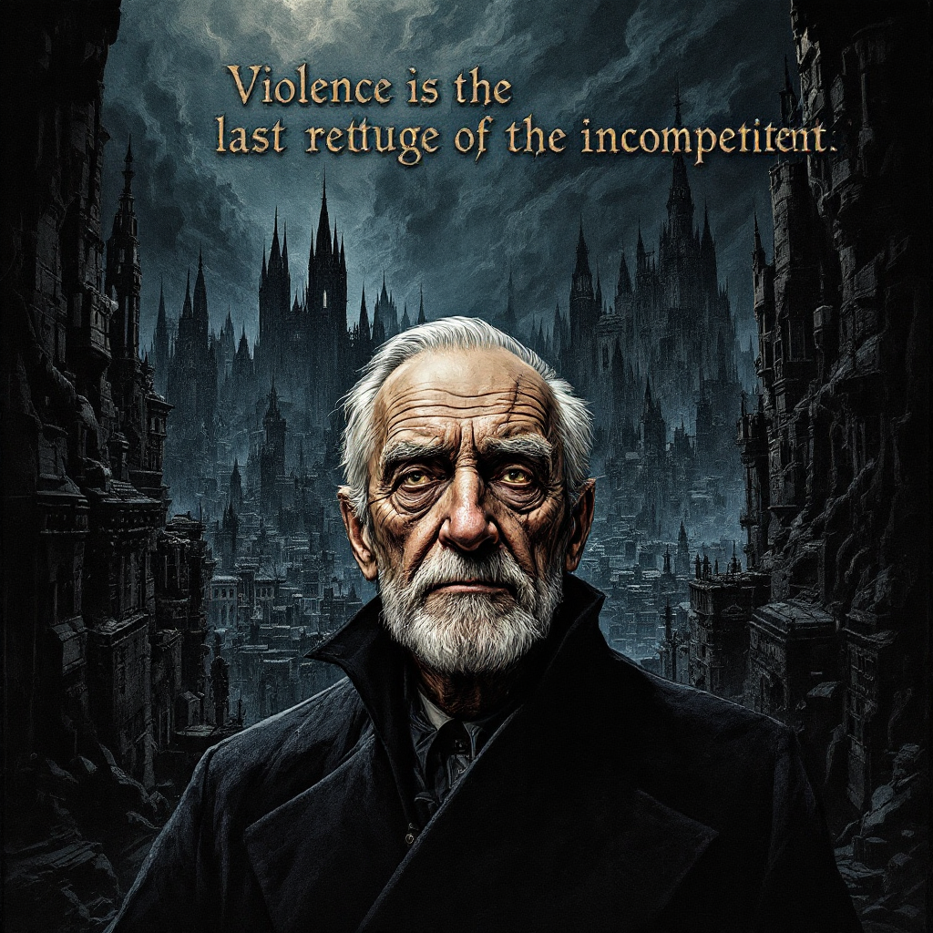 A stern, elderly man with a white beard stands against a dark, gothic backdrop. The quote, Violence is the last refuge of the incompetent, is displayed above him.