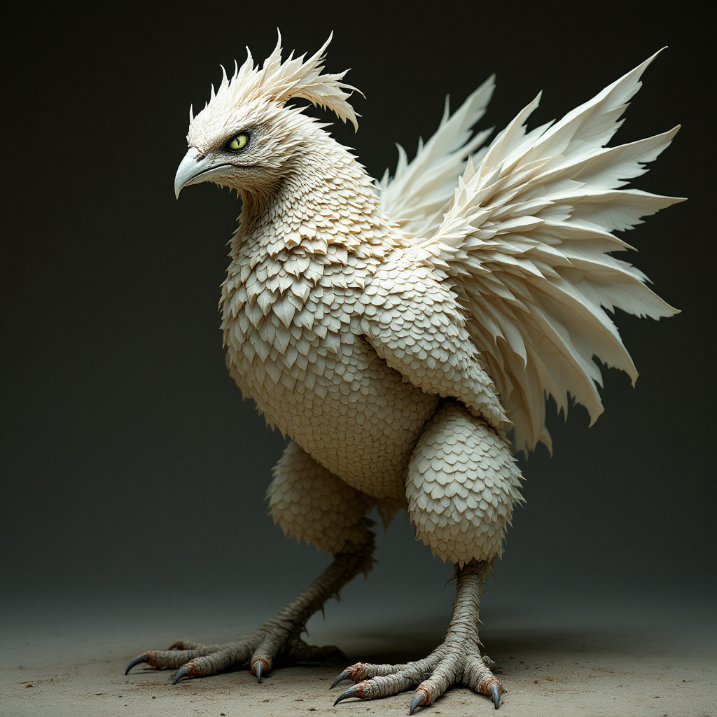 A bizarre creature resembling a plucked chicken with a vicious beak, massive claws, and a head that blurs the line between human and inhuman, exuding an eerie presence.