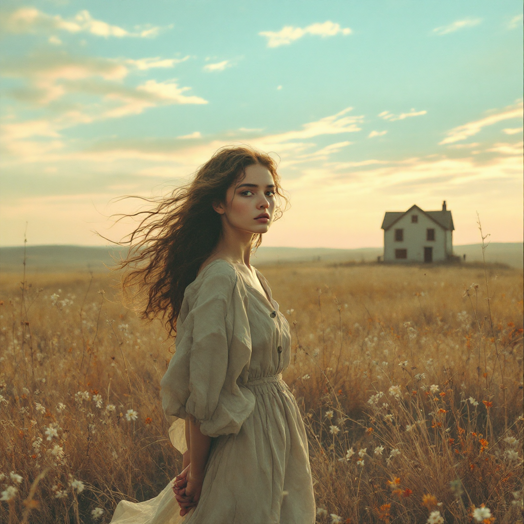 A young woman in a flowing dress stands in a vast, golden field, gazing thoughtfully at a distant, solitary house under a sky that captures the fading promise of youth and dreams.