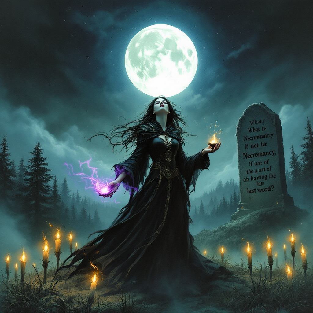 A dark-robed figure channels energy beneath a full moon, standing before a gravestone inscribed with What is Necromancy, if not the art of having the last word? surrounded by candles and misty woods.