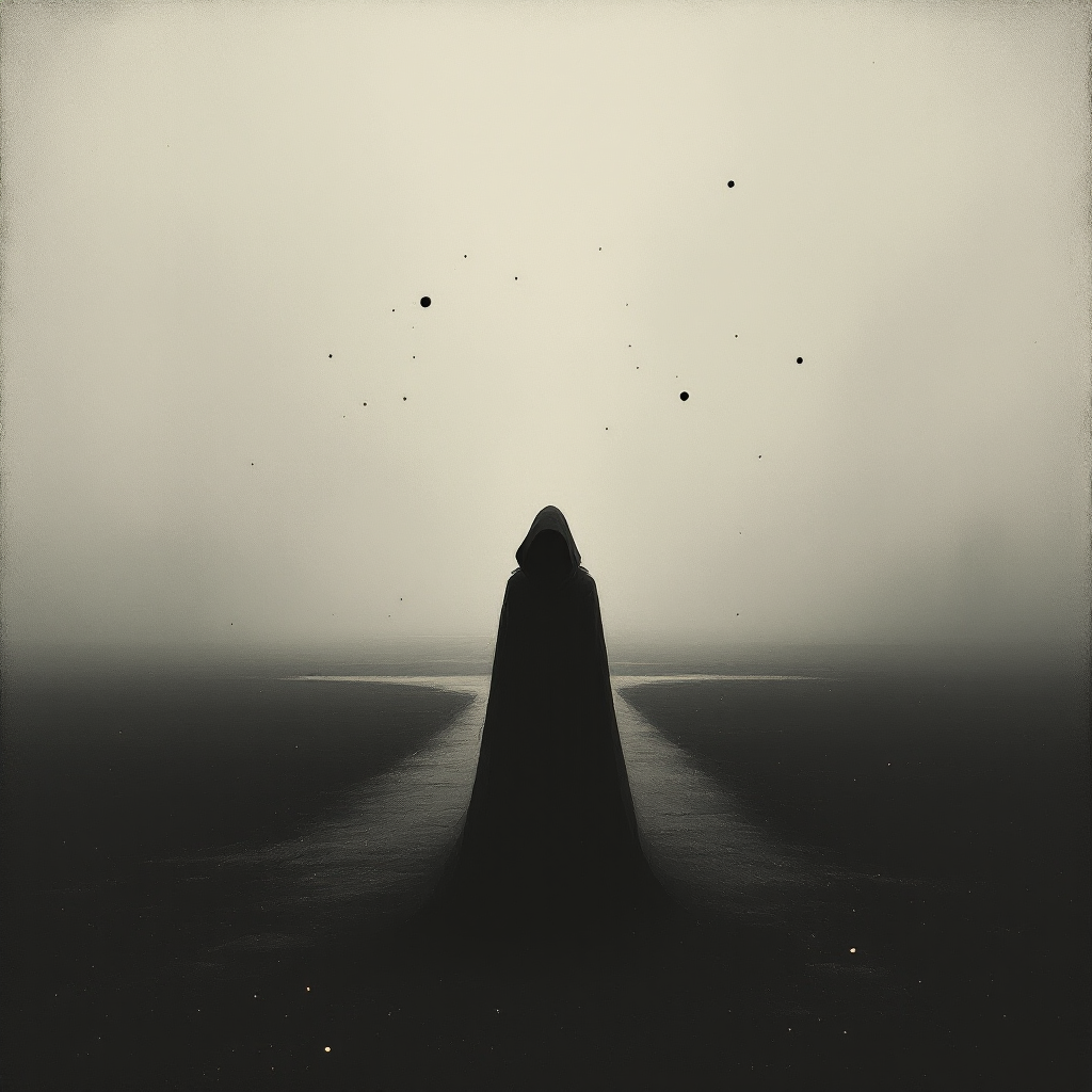 A cloaked figure stands in a misty landscape, embodying the quote about choices and their consequences, suggesting a journey through uncertainty and decision-making.