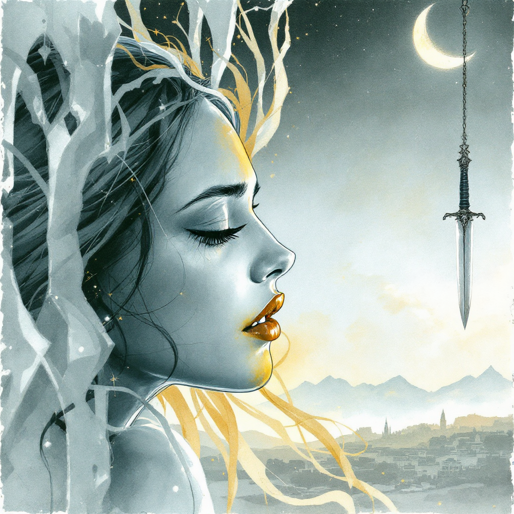 A serene profile of a woman with flowing hair, gazing thoughtfully as a sword dangles under a crescent moon, embodying the quote: Love is a sharp blade, and it can cut as deep as any sword.