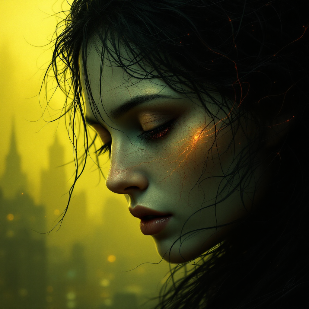 A somber young woman with disheveled hair gazes downward, her face illuminated by a warm glow, against a backdrop of shadowy city silhouettes, evoking themes of doubt and inner turmoil.