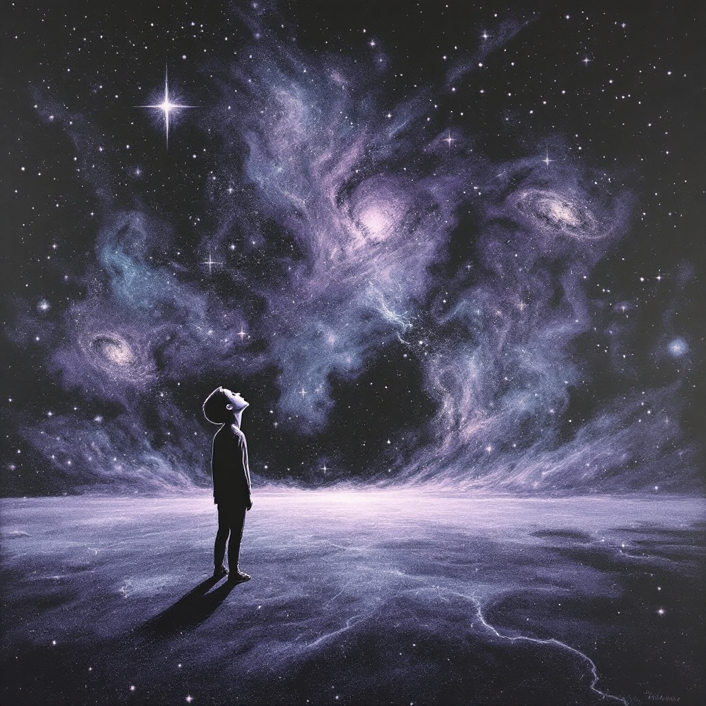 A figure stands in a vast cosmic landscape, gazing up at swirling galaxies and stars, embodying the tension between human insignificance and inner power.